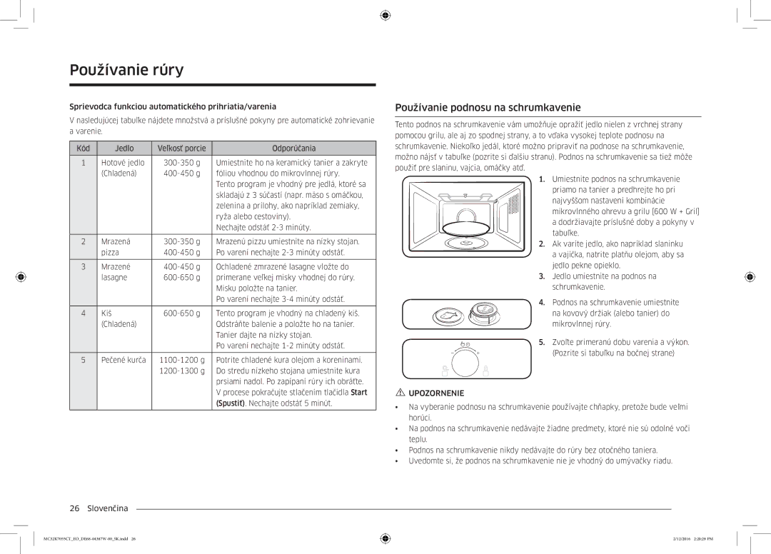 Samsung MC32K7055CT/EO manual Používanie podnosu na schrumkavenie, Upozornenie 