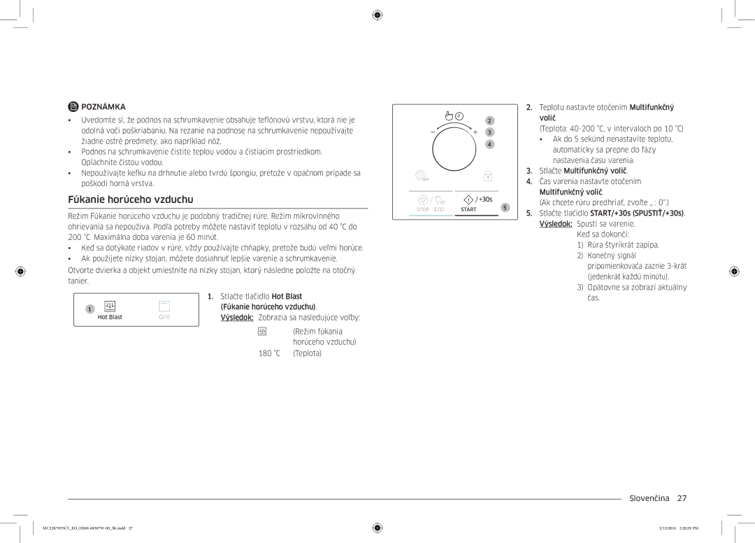 Samsung MC32K7055CT/EO manual Fúkanie horúceho vzduchu 