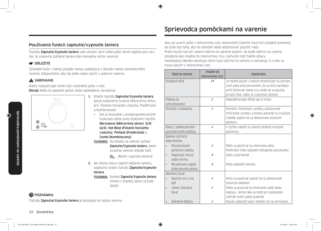 Samsung MC32K7055CT/EO manual Sprievodca pomôckami na varenie, Používanie funkcií zapnutie/vypnutie taniera 