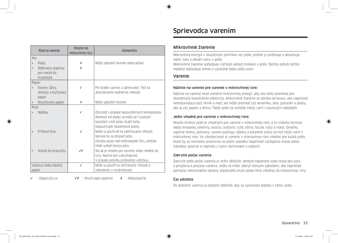 Samsung MC32K7055CT/EO manual Sprievodca varením, Mikrovlnné žiarenie, Varenie 