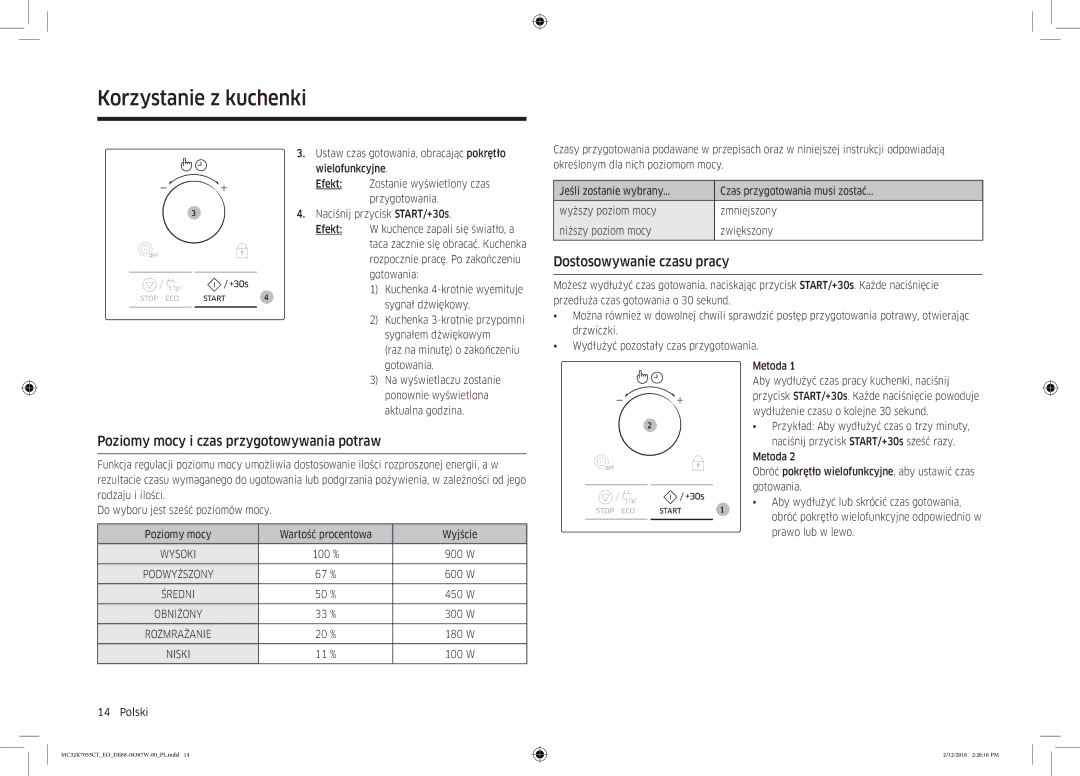 Samsung MC32K7055CT/EO manual Poziomy mocy i czas przygotowywania potraw, Dostosowywanie czasu pracy 