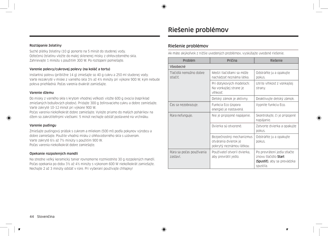 Samsung MC32K7055CT/EO manual Riešenie problémov 