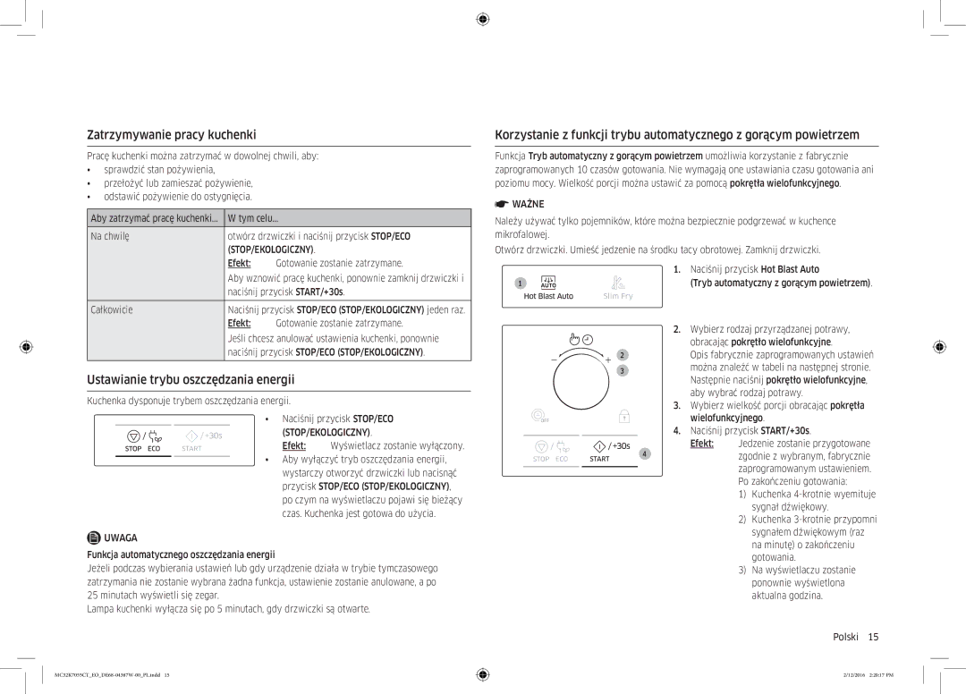 Samsung MC32K7055CT/EO manual Zatrzymywanie pracy kuchenki, Ustawianie trybu oszczędzania energii, Stop/Ekologiczny 