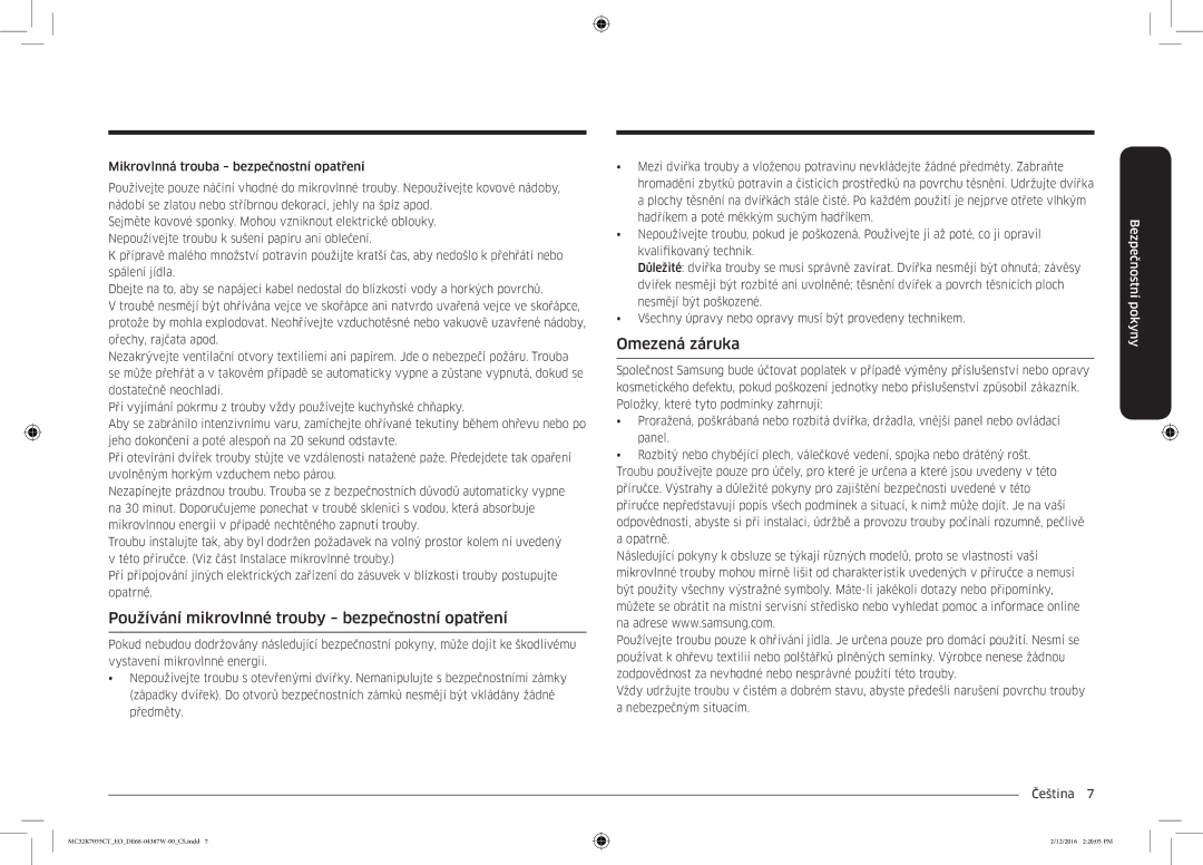 Samsung MC32K7055CT/EO manual Používání mikrovlnné trouby bezpečnostní opatření, Omezená záruka 