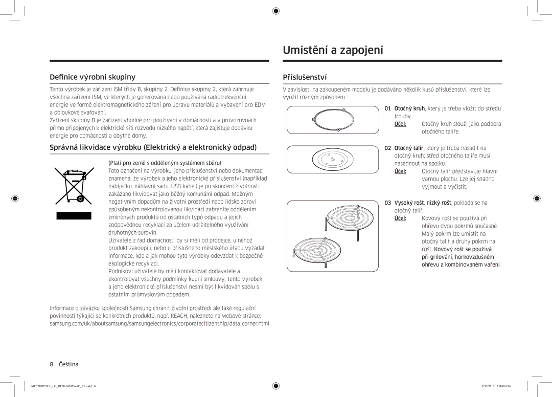 Samsung MC32K7055CT/EO manual Umístění a zapojení, Definice výrobní skupiny, Příslušenství 