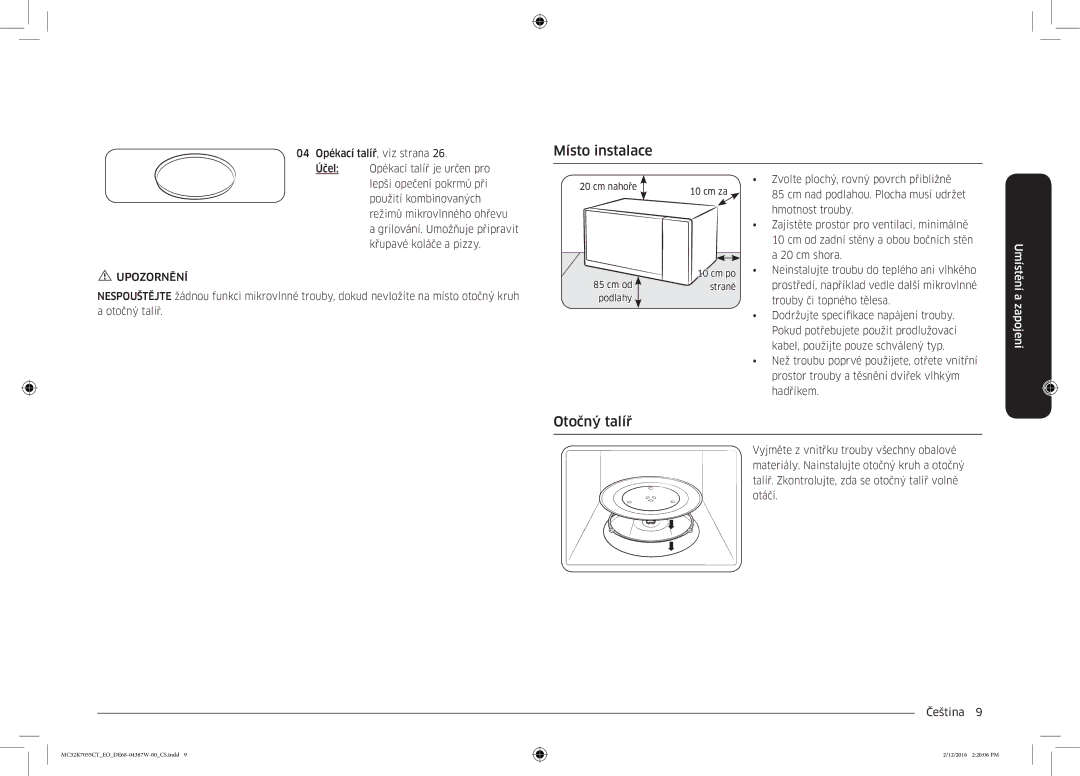 Samsung MC32K7055CT/EO manual Místo instalace, Otočný talíř, Upozornění 