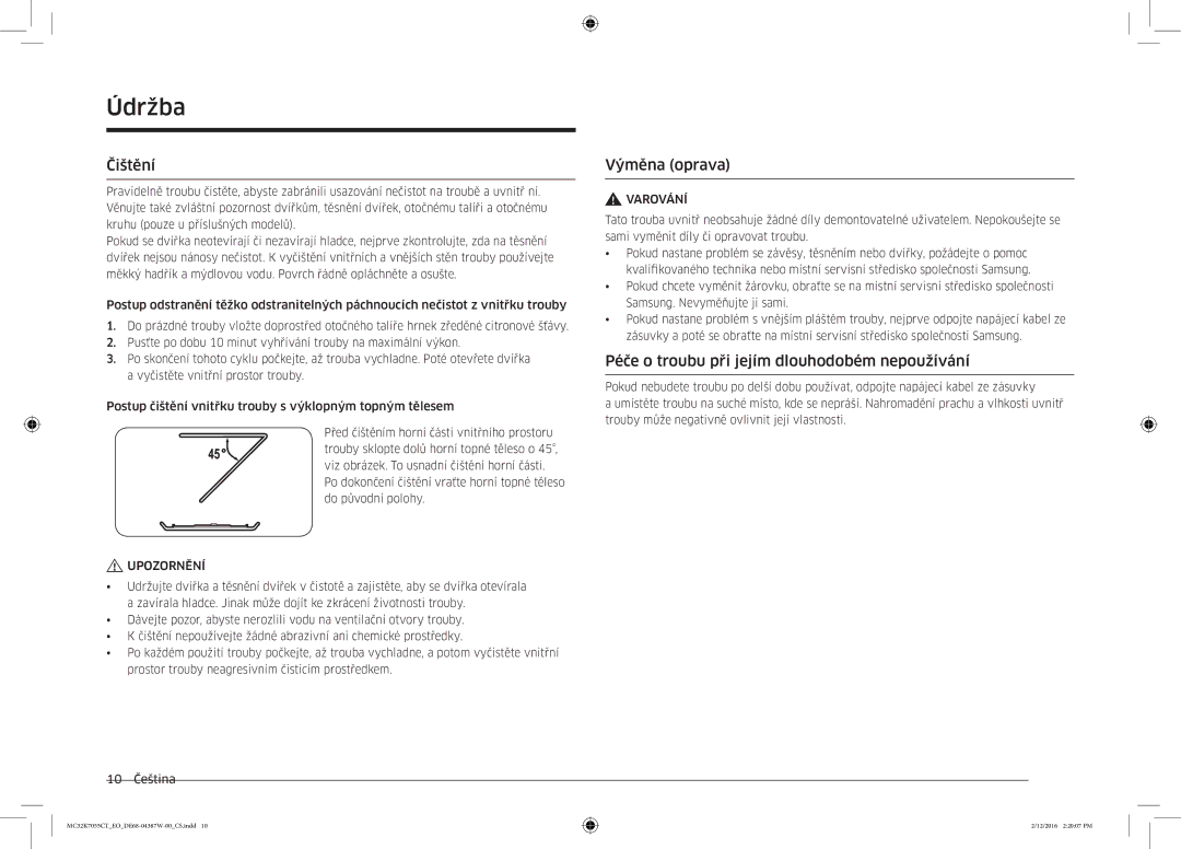 Samsung MC32K7055CT/EO manual Čištění, Výměna oprava, Péče o troubu při jejím dlouhodobém nepoužívání, Varování 