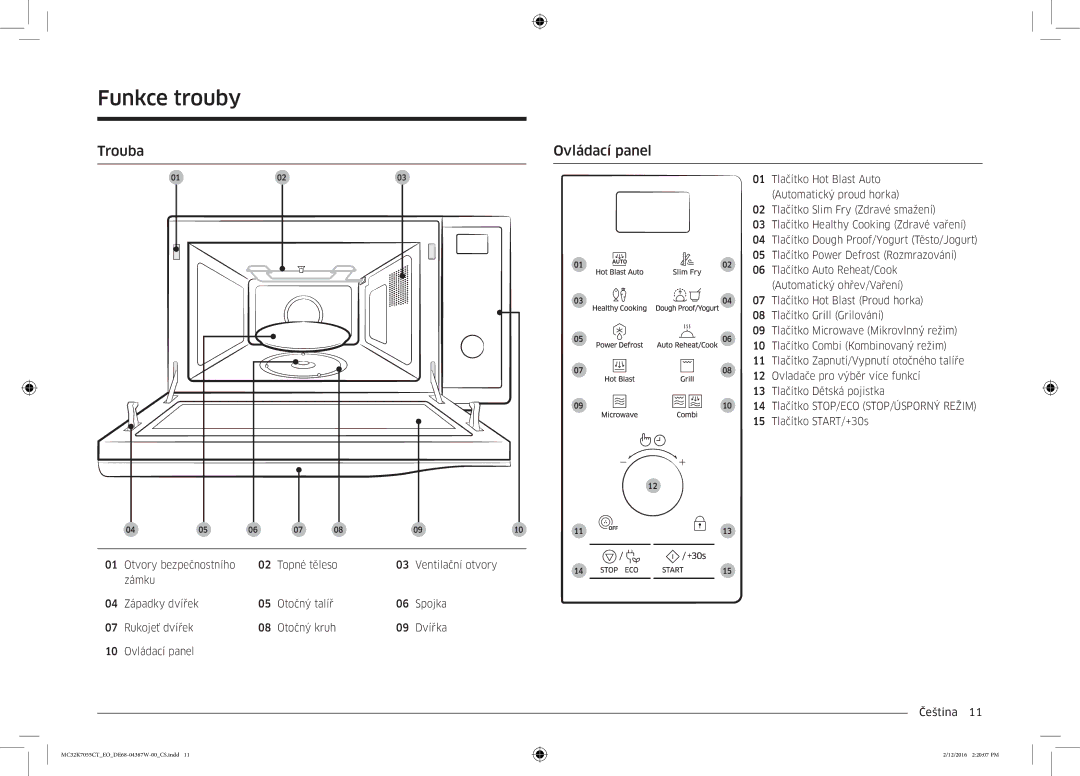 Samsung MC32K7055CT/EO manual Funkce trouby, Trouba Ovládací panel 