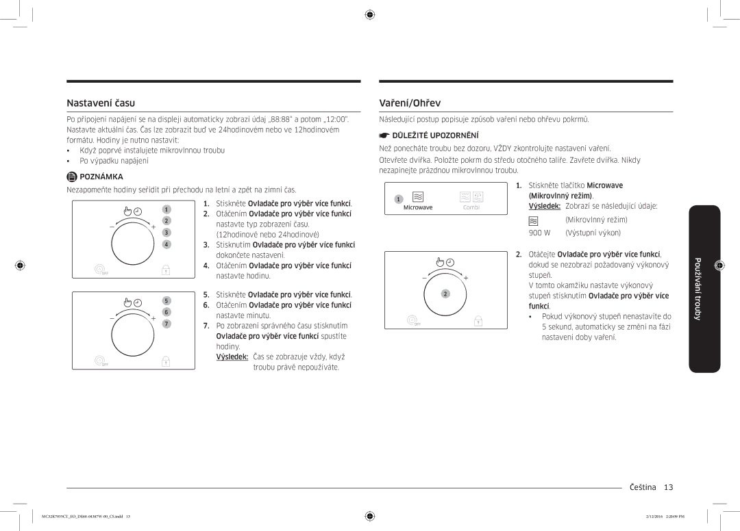 Samsung MC32K7055CT/EO manual Nastavení času, Vaření/Ohřev, Nastavte typ zobrazení času, Nastavte minutu 