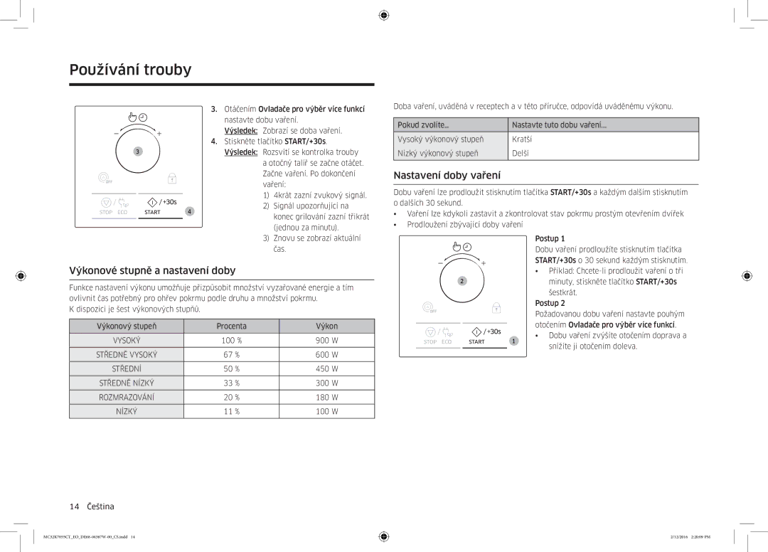 Samsung MC32K7055CT/EO manual Výkonové stupně a nastavení doby, Nastavení doby vaření, Šestkrát 