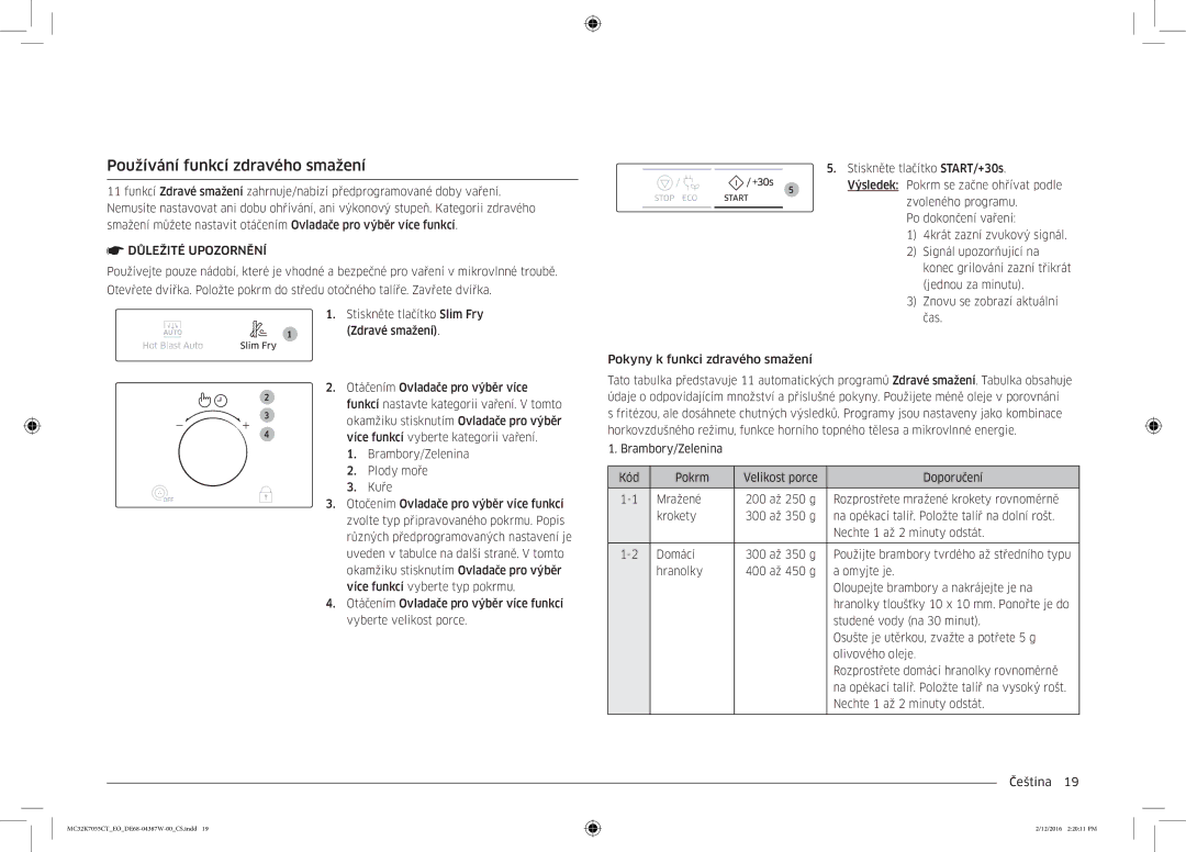 Samsung MC32K7055CT/EO manual Používání funkcí zdravého smažení, Důležité Upozornění 