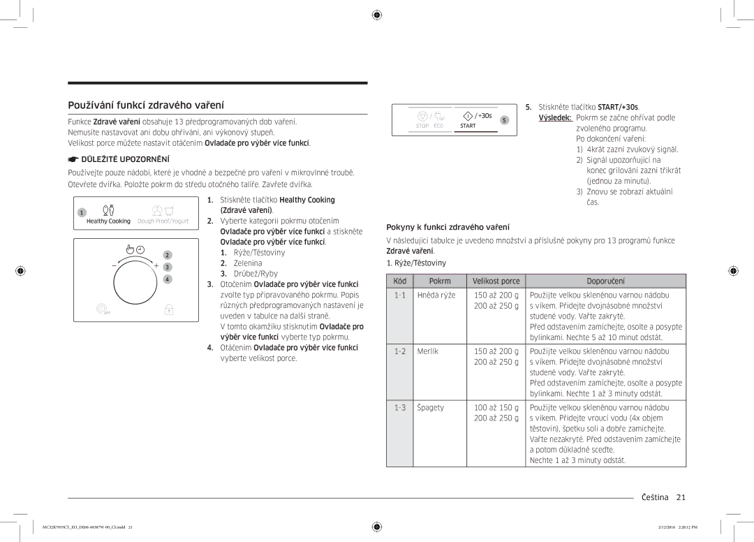 Samsung MC32K7055CT/EO manual Používání funkcí zdravého vaření 