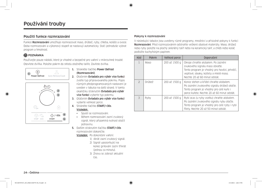 Samsung MC32K7055CT/EO manual Použití funkce rozmrazování, Poznámka 