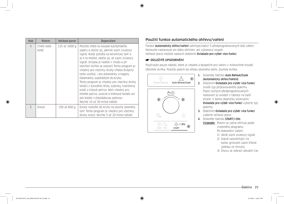 Samsung MC32K7055CT/EO manual Použití funkce automatického ohřevu/vaření, Pokrmu 