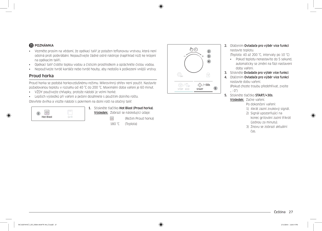 Samsung MC32K7055CT/EO manual Proud horka, Konec grilování zazní třikrát Jednou za minutu 