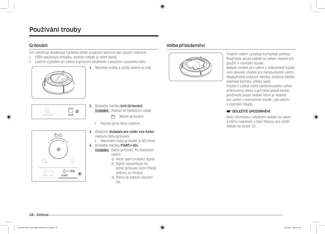 Samsung MC32K7055CT/EO manual Grilování Volba příslušenství, Důležité Upozornění 