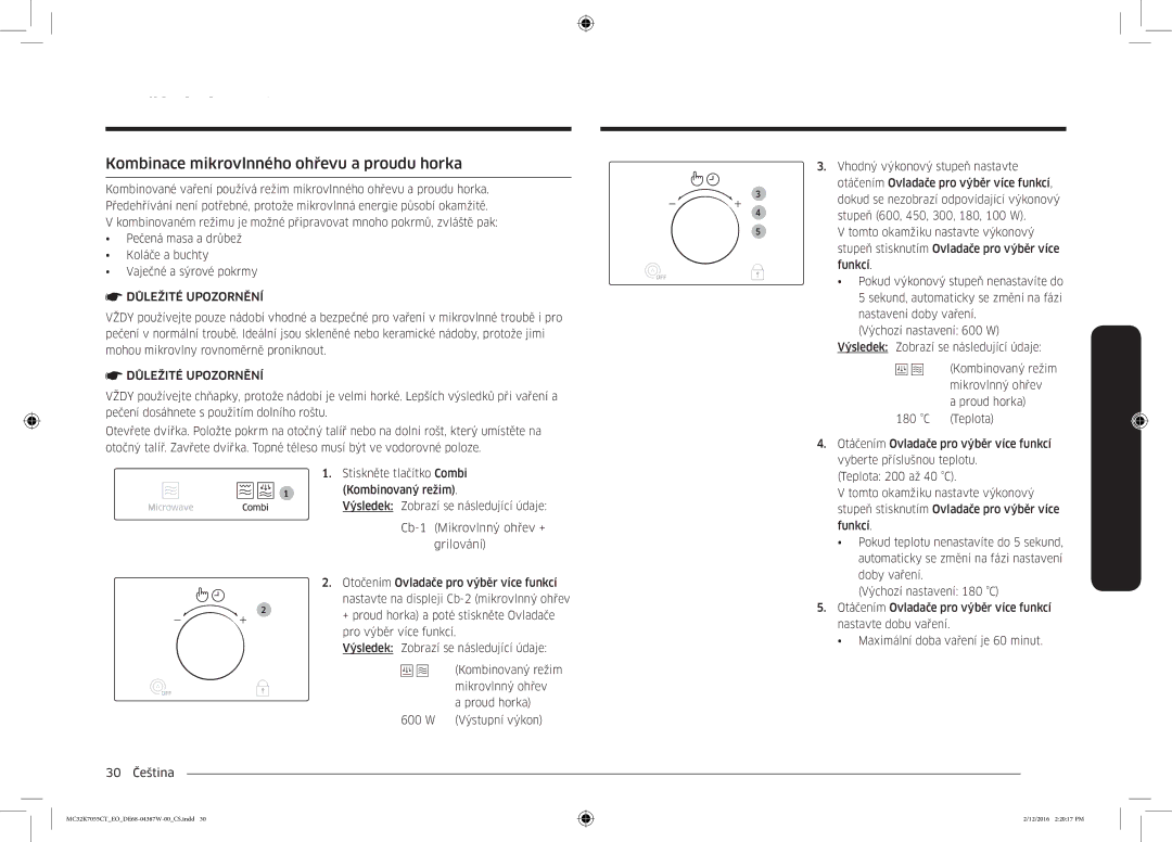 Samsung MC32K7055CT/EO manual Kombinace mikrovlnného ohřevu a proudu horka 