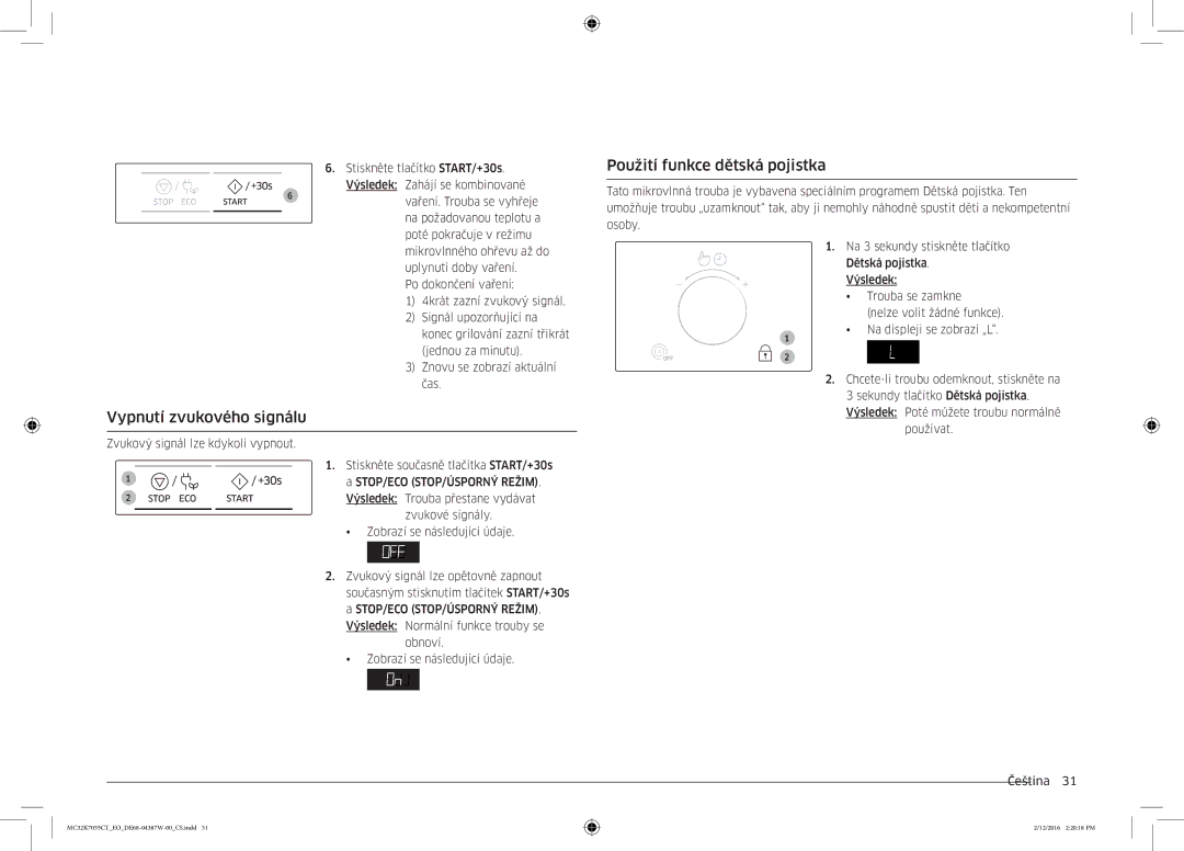 Samsung MC32K7055CT/EO manual Použití funkce dětská pojistka, Vypnutí zvukového signálu 