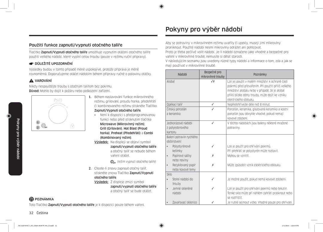 Samsung MC32K7055CT/EO manual Pokyny pro výběr nádobí, Použití funkce zapnutí/vypnutí otočného talíře 