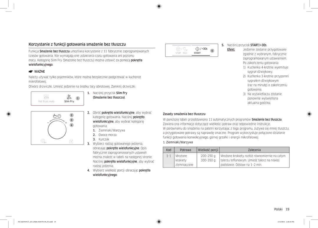 Samsung MC32K7055CT/EO manual Korzystanie z funkcji gotowania smażenie bez tłuszczu 