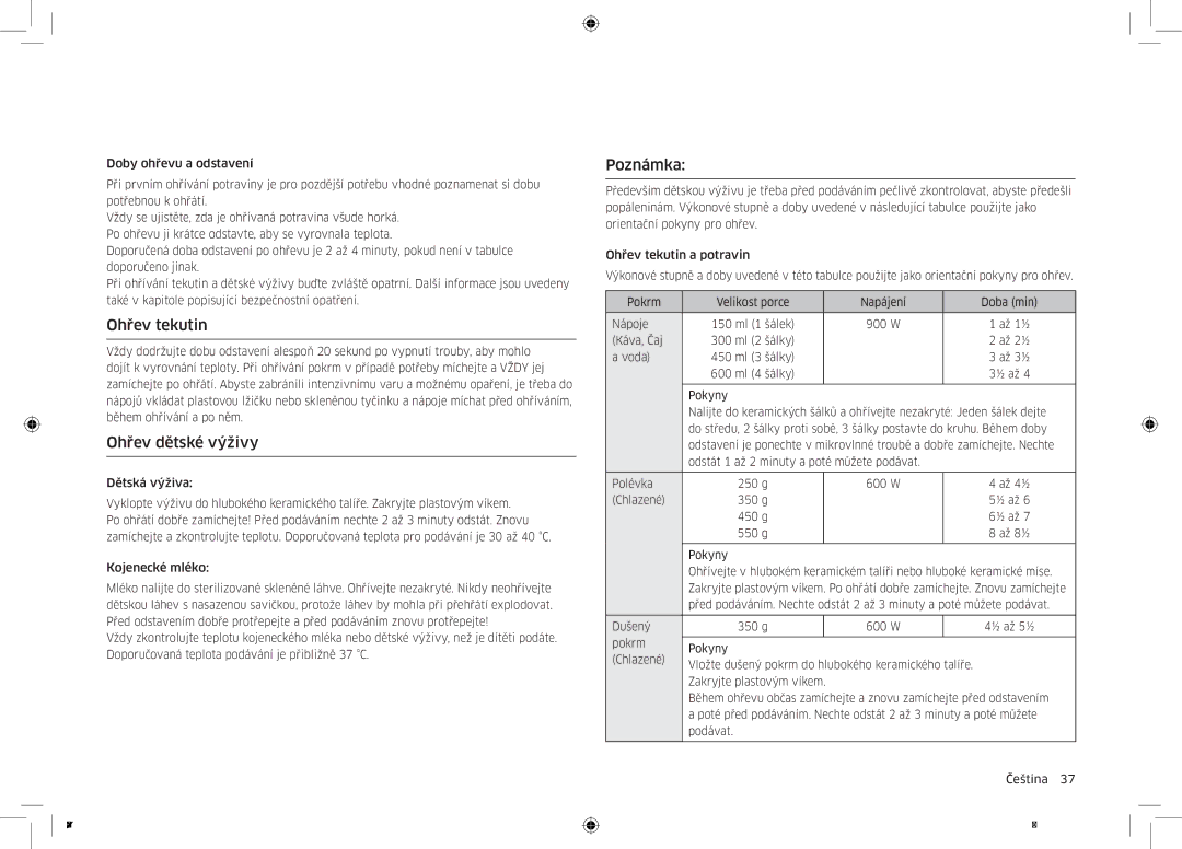 Samsung MC32K7055CT/EO manual Ohřev tekutin, Ohřev dětské výživy, Káva, Čaj, Voda 