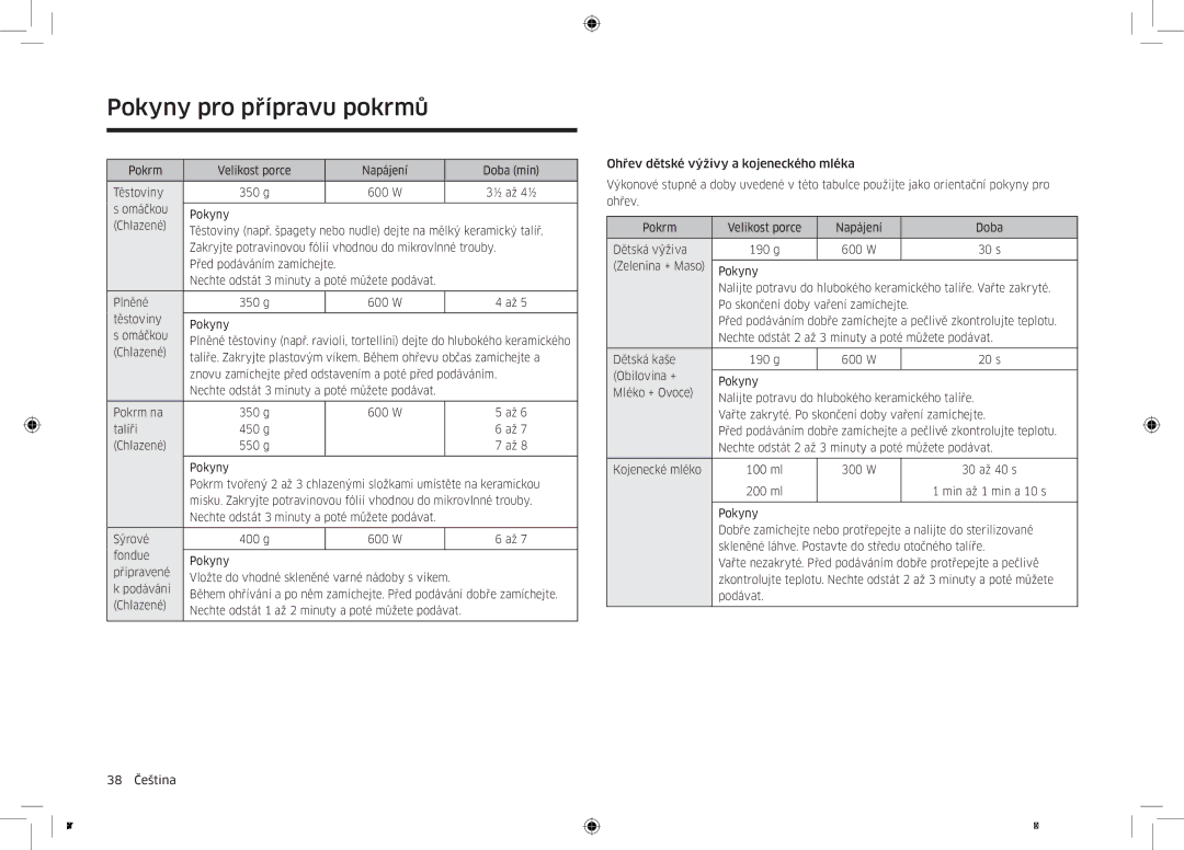 Samsung MC32K7055CT/EO manual Pokrm Velikost porce Napájení Doba min Těstoviny 350 g 600 W 