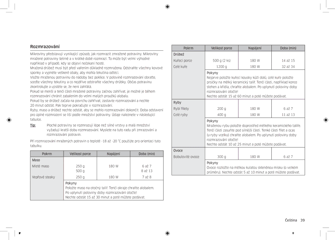 Samsung MC32K7055CT/EO manual Rozmrazování, Celé kuře 1200 g 180 W 