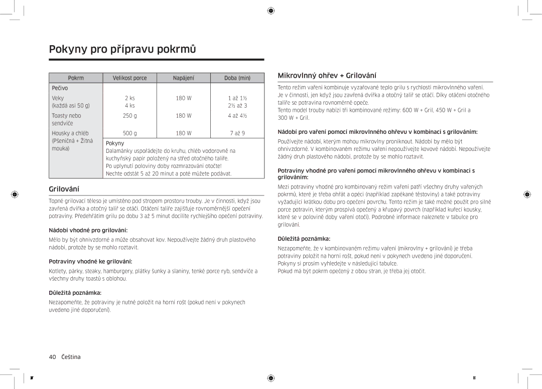 Samsung MC32K7055CT/EO manual Mikrovlnný ohřev + Grilování, Pokrm Velikost porce Napájení Doba min Pečivo Veky 180 W 