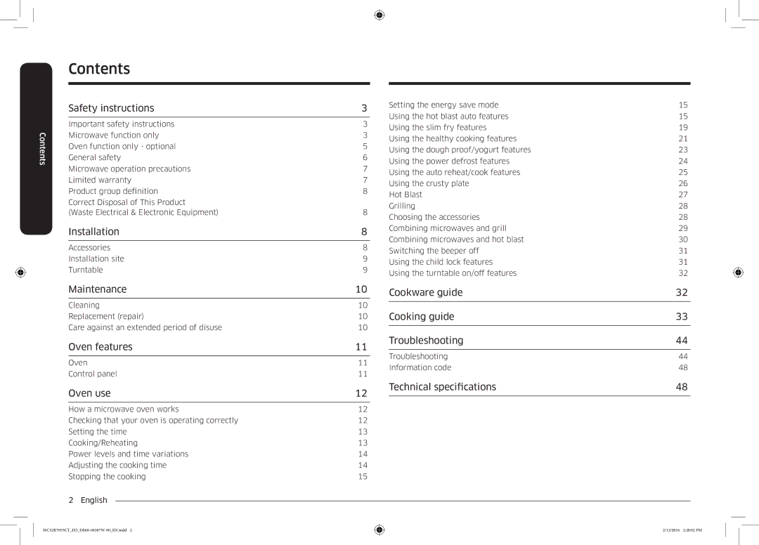 Samsung MC32K7055CT/EO manual Contents 