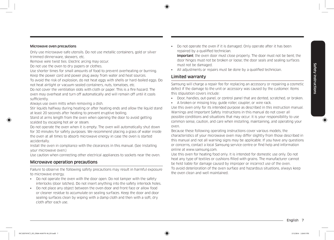 Samsung MC32K7055CT/EO manual Microwave operation precautions, Limited warranty 