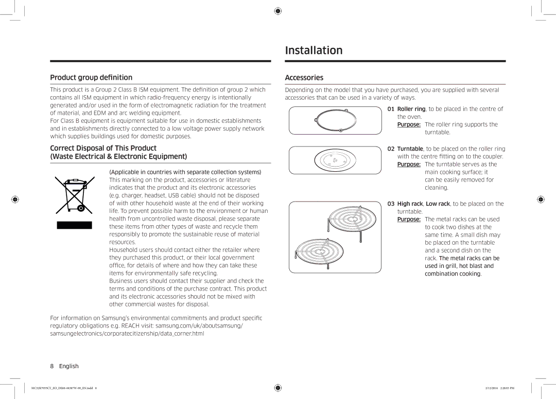 Samsung MC32K7055CT/EO manual Installation, Product group definition, Accessories 