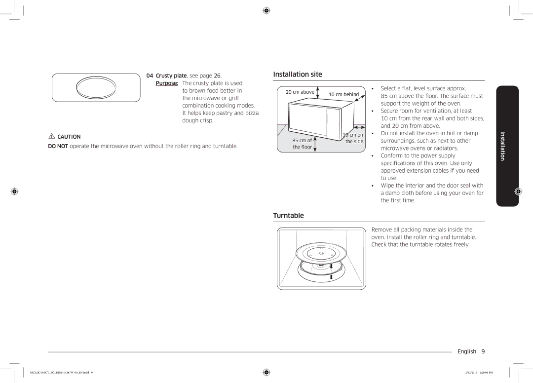 Samsung MC32K7055CT/EO manual Installation site, Turntable 