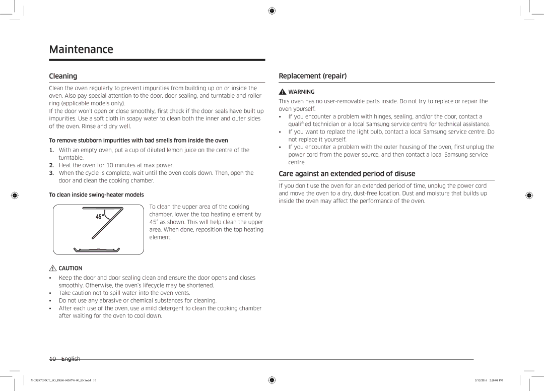 Samsung MC32K7055CT/EO manual Maintenance, Cleaning, Replacement repair, Care against an extended period of disuse 