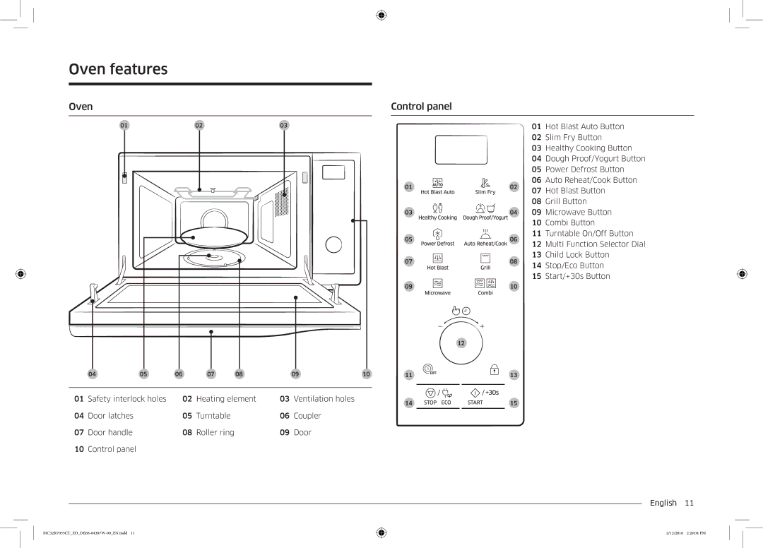 Samsung MC32K7055CT/EO manual Oven features, Oven Control panel 