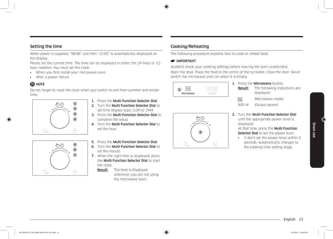 Samsung MC32K7055CT/EO manual Setting the time, Cooking/Reheating 