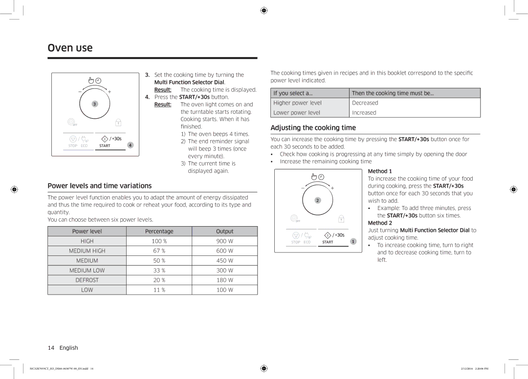 Samsung MC32K7055CT/EO manual Power levels and time variations, Adjusting the cooking time 