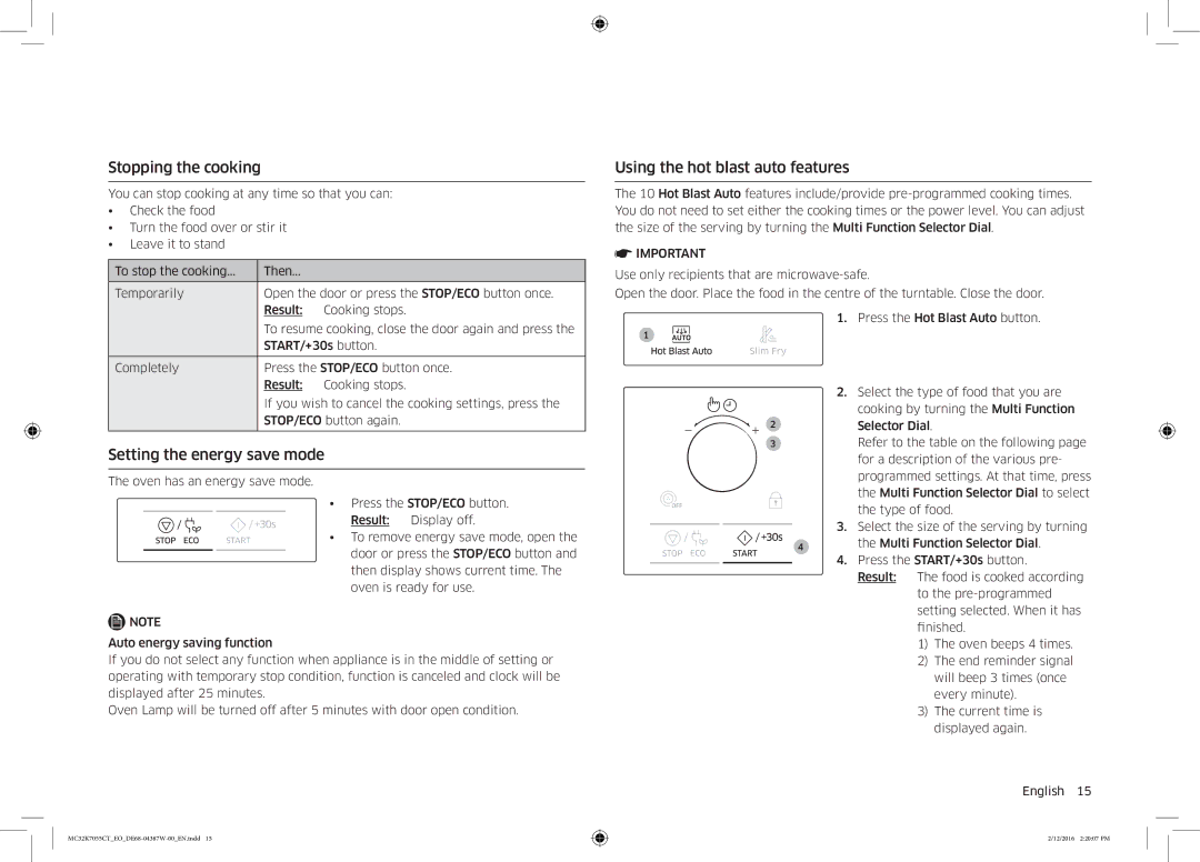 Samsung MC32K7055CT/EO manual Stopping the cooking, Setting the energy save mode, Using the hot blast auto features 