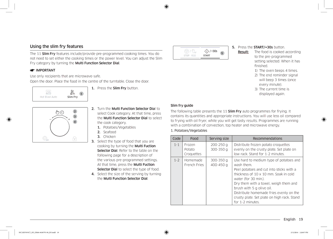 Samsung MC32K7055CT/EO manual Using the slim fry features 