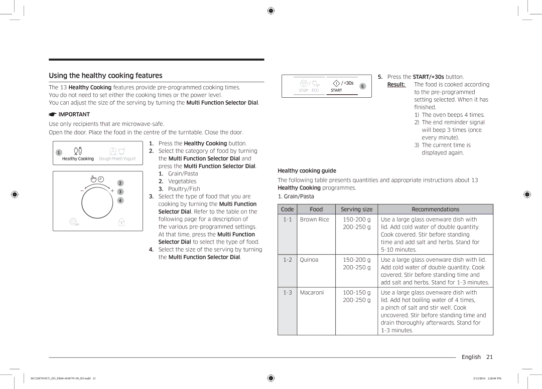 Samsung MC32K7055CT/EO manual Using the healthy cooking features 