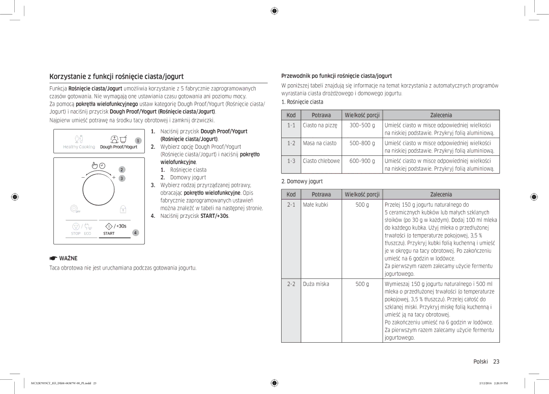 Samsung MC32K7055CT/EO manual Korzystanie z funkcji rośnięcie ciasta/jogurt 