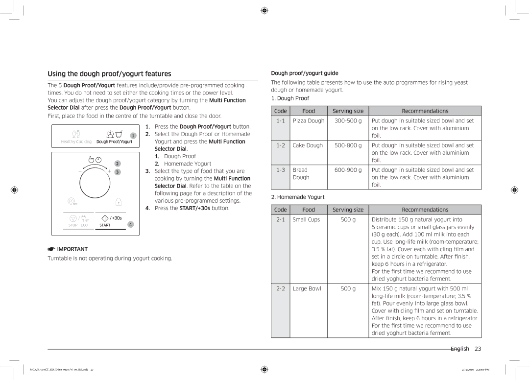 Samsung MC32K7055CT/EO manual Using the dough proof/yogurt features 