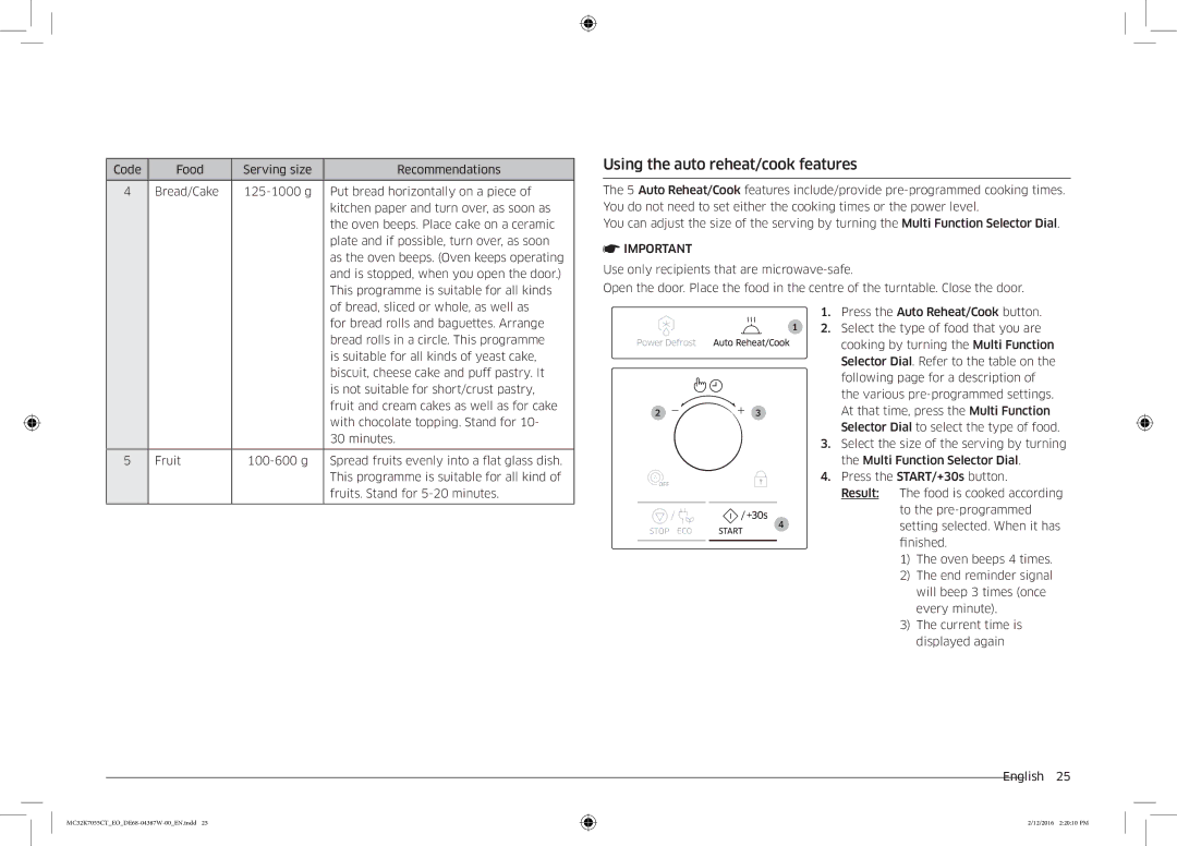 Samsung MC32K7055CT/EO manual Using the auto reheat/cook features 