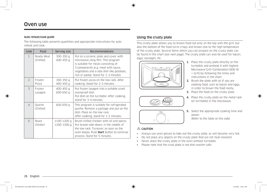 Samsung MC32K7055CT/EO manual Using the crusty plate, Stand for 3-4 minutes 