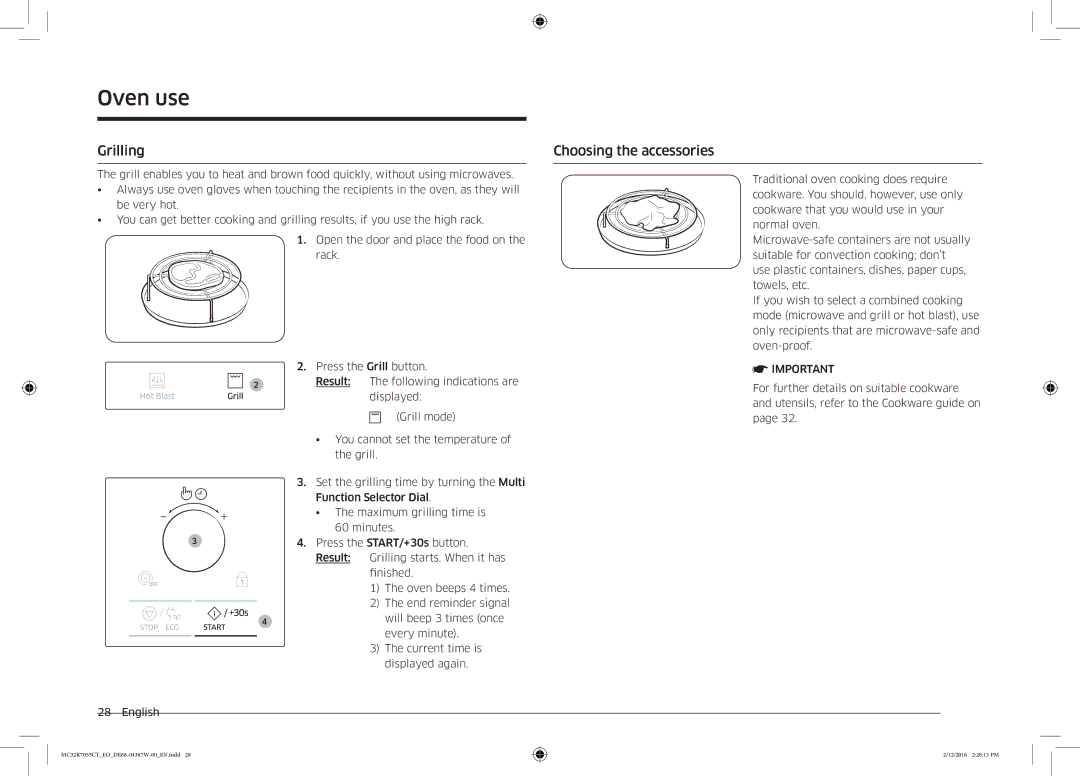 Samsung MC32K7055CT/EO manual Grilling Choosing the accessories 