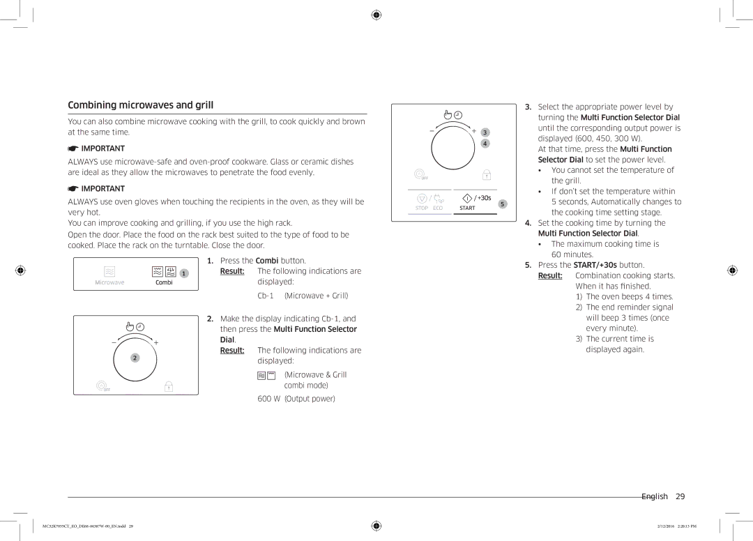 Samsung MC32K7055CT/EO manual Combining microwaves and grill 