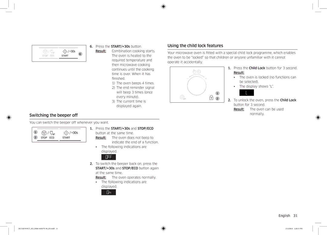 Samsung MC32K7055CT/EO manual Switching the beeper off, Using the child lock features 