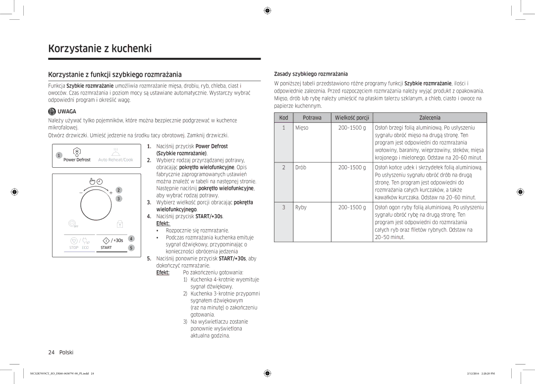 Samsung MC32K7055CT/EO manual Korzystanie z funkcji szybkiego rozmrażania 