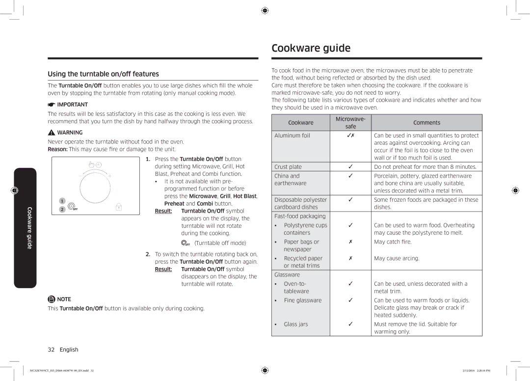 Samsung MC32K7055CT/EO manual Cookware guide, Using the turntable on/off features 