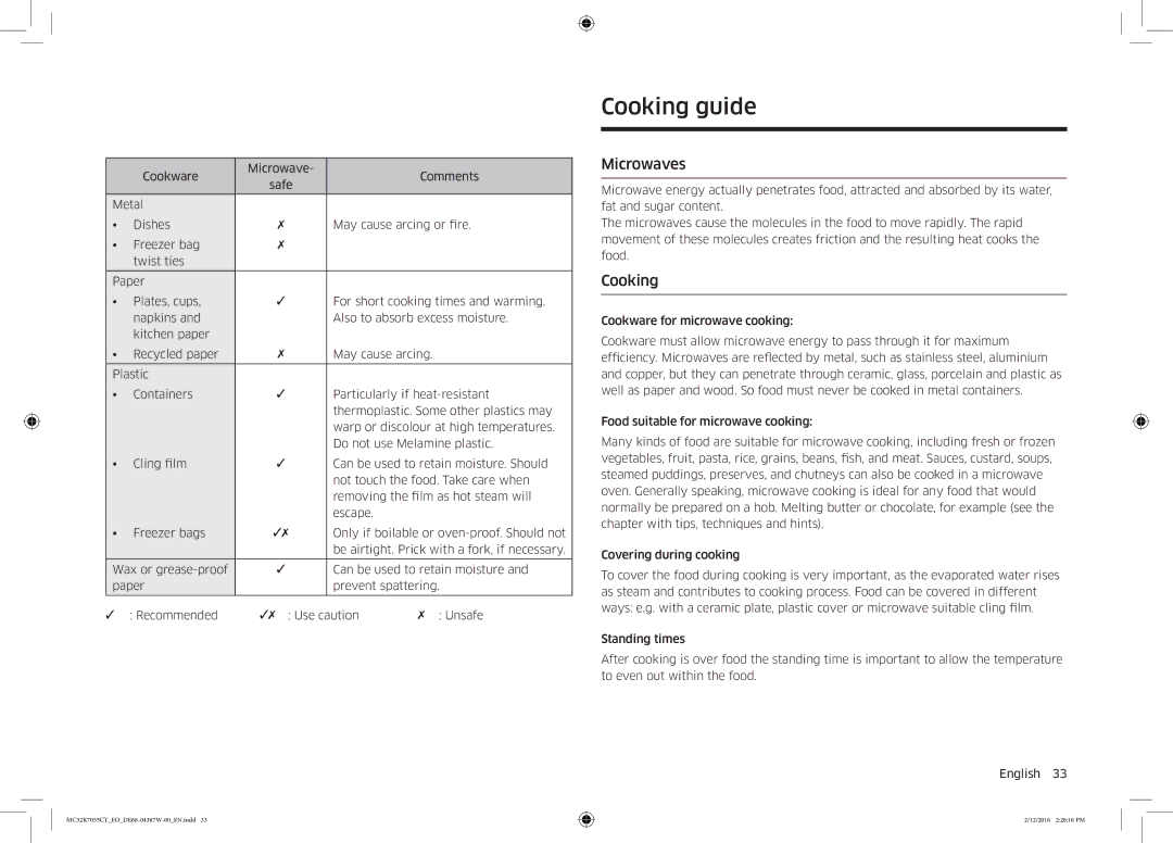 Samsung MC32K7055CT/EO manual Cooking guide, Microwaves, Cookware Microwave Comments 