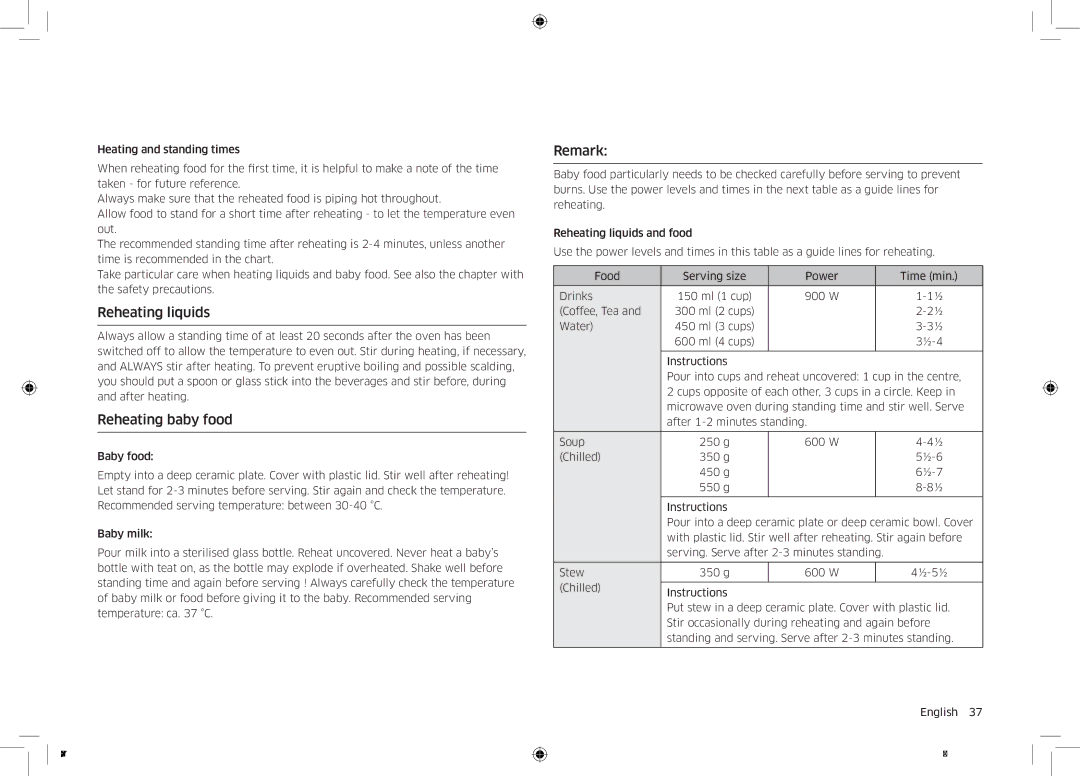 Samsung MC32K7055CT/EO manual Reheating liquids, Reheating baby food, Remark 